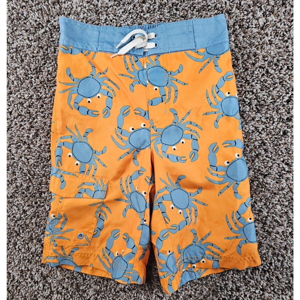 Gymboree Boys Sz 7 Swimsuit Board Shorts Trunks Bright Orange Blue Crab Print